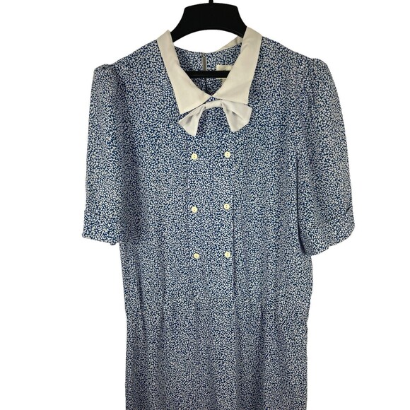 VTG 80s Joy Gordon Midi Blue White Semi Sheer Short Sleeve Nautical Dress 12 - Picture 2 of 12